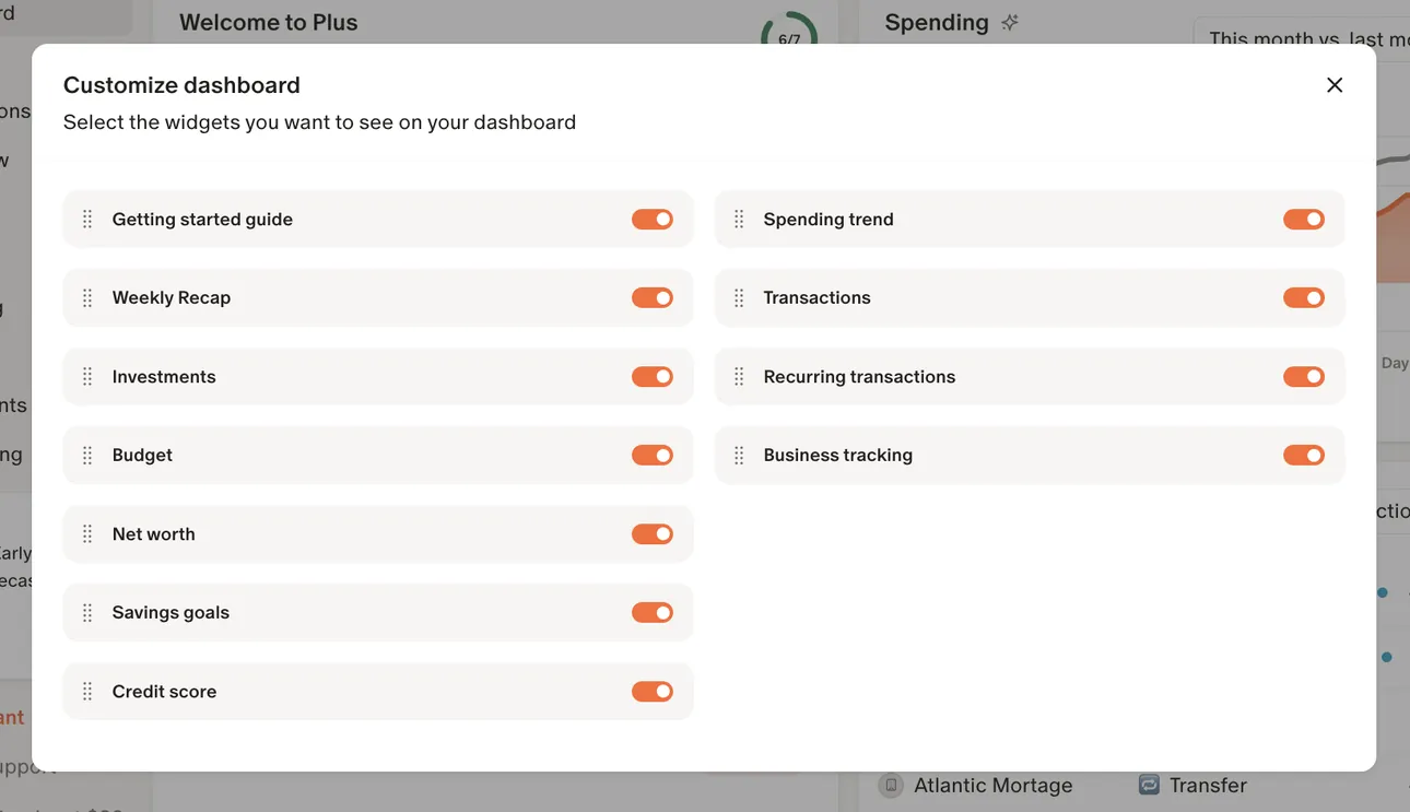Monarch Customize dashboard dialog