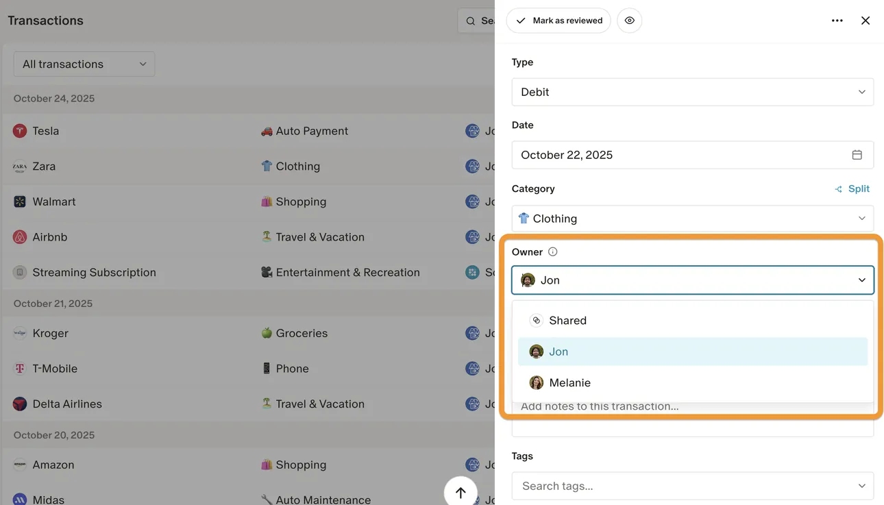 Monarch transaction detail with an Owner menu