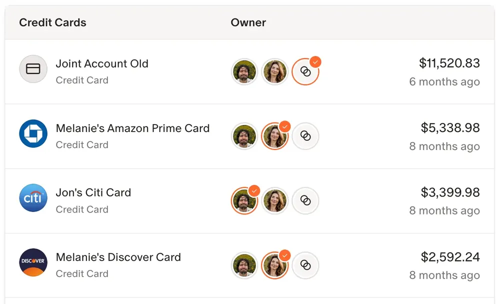 Monarch credit card list with owner avatars