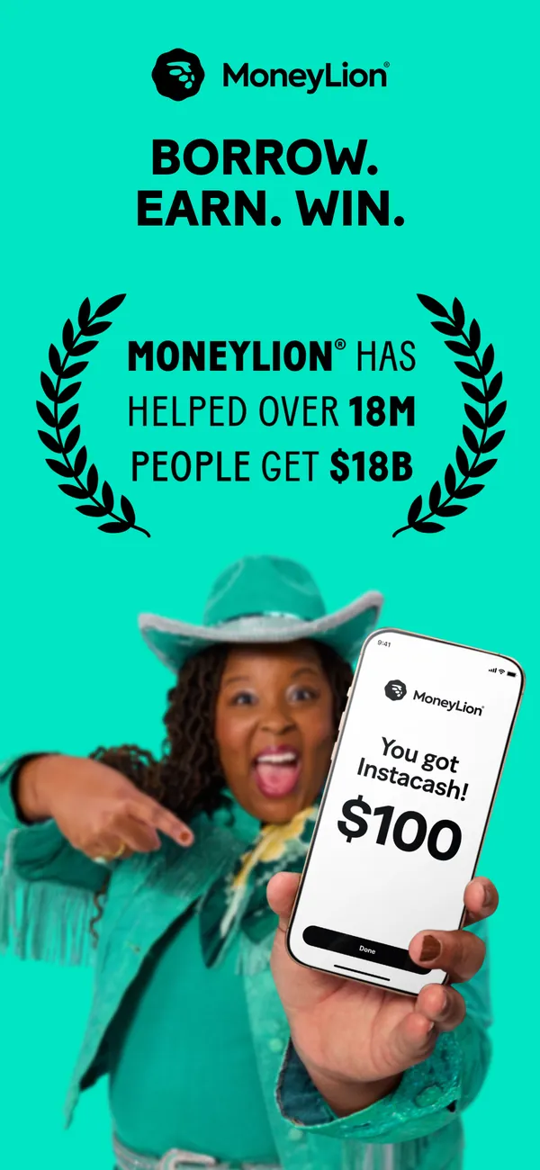 MoneyLion App Store image with a person holding a phone