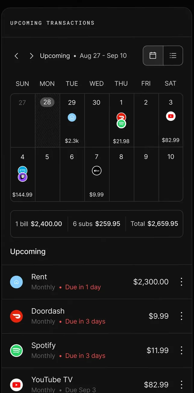 Origin upcoming bills and subscriptions