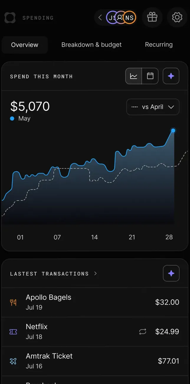 Origin spending screen with latest transactions