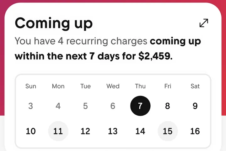 Rocket Money Coming up calendar card