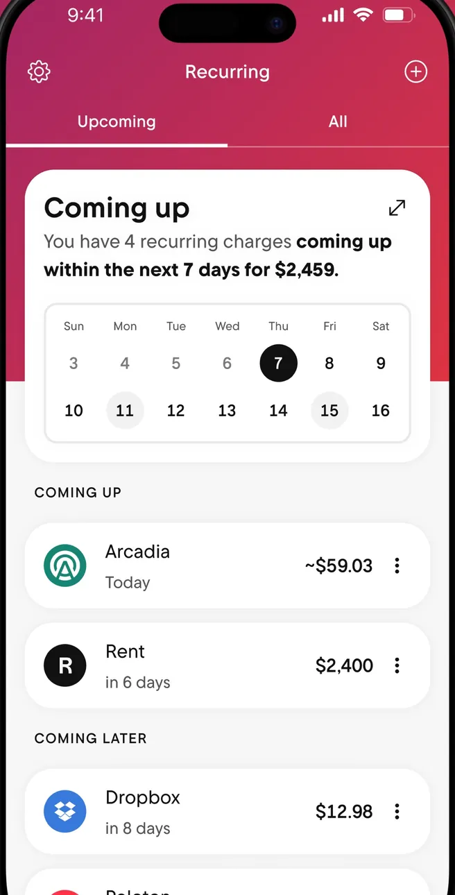 Rocket Money Recurring tab