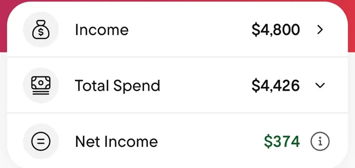 Rocket Money income and spend rows