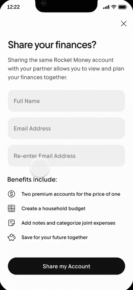 Rocket Money Share your finances screen
