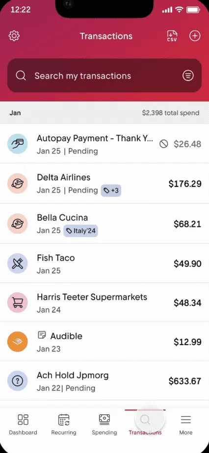 Rocket Money Transactions tab