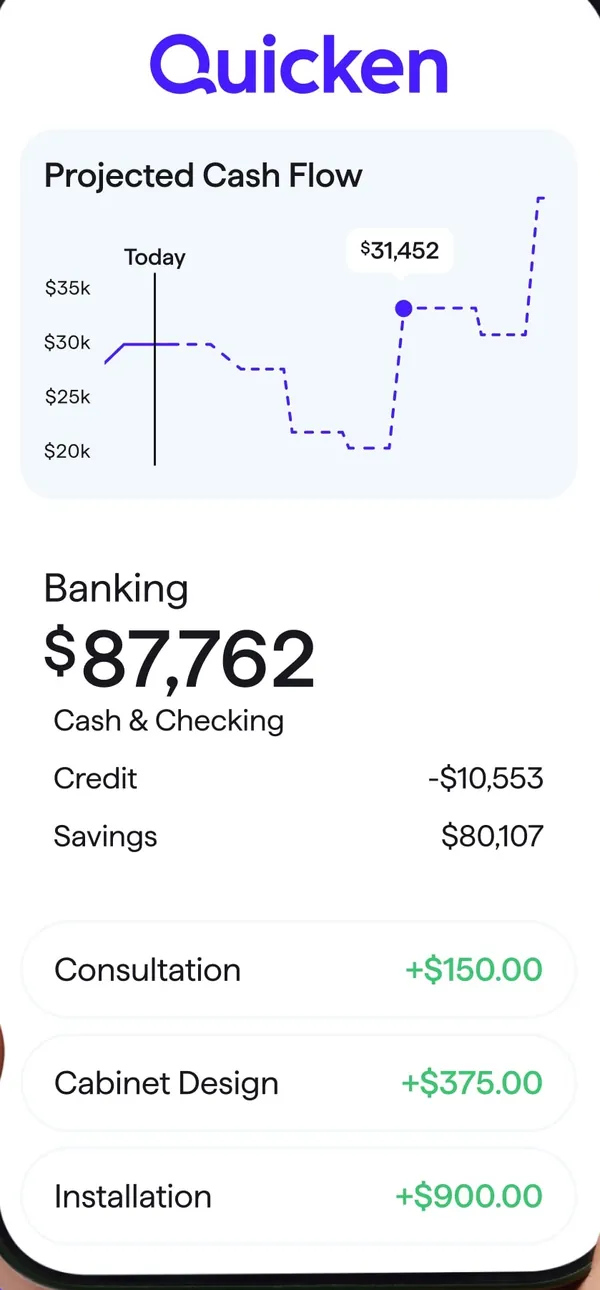 Quicken screen with projected cash flow