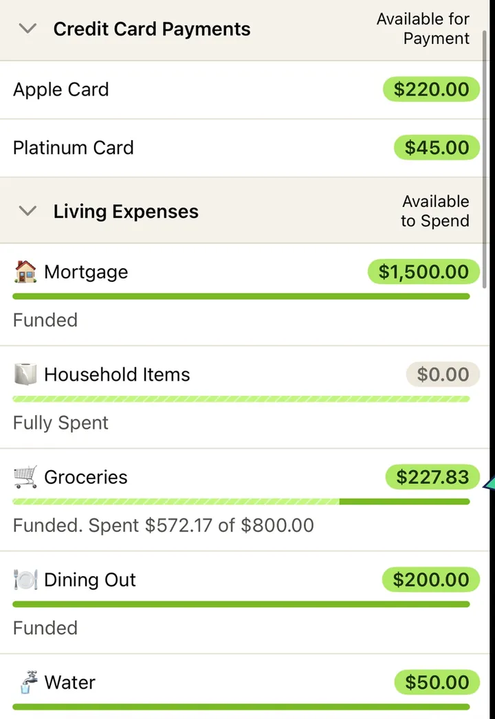 YNAB category list with available amounts and progress bars