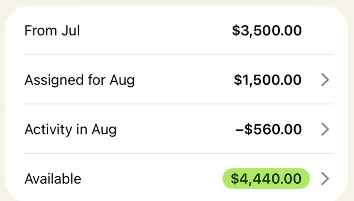 YNAB category balance card with four rows