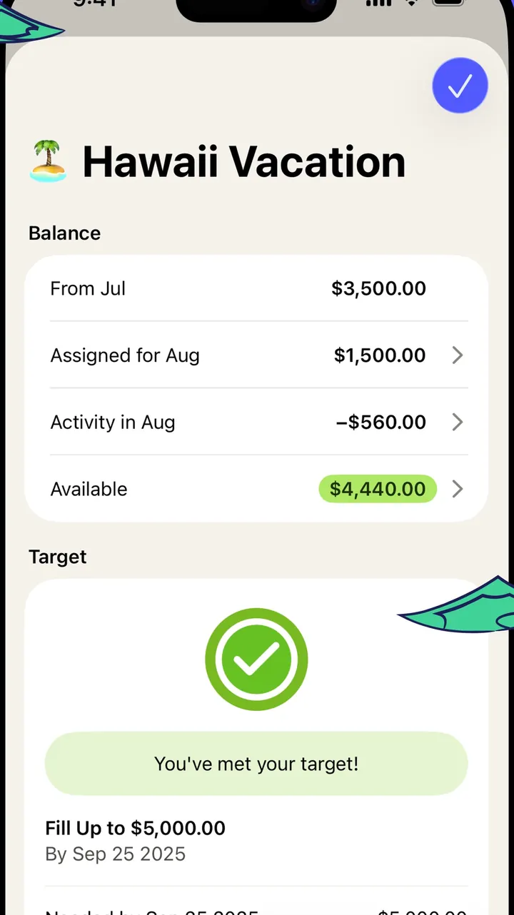 YNAB Hawaii Vacation category screen with a met target