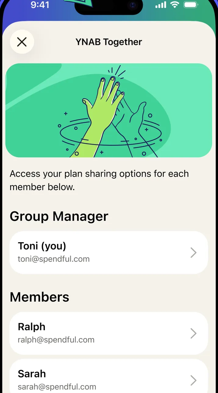 YNAB Together screen with group manager and members