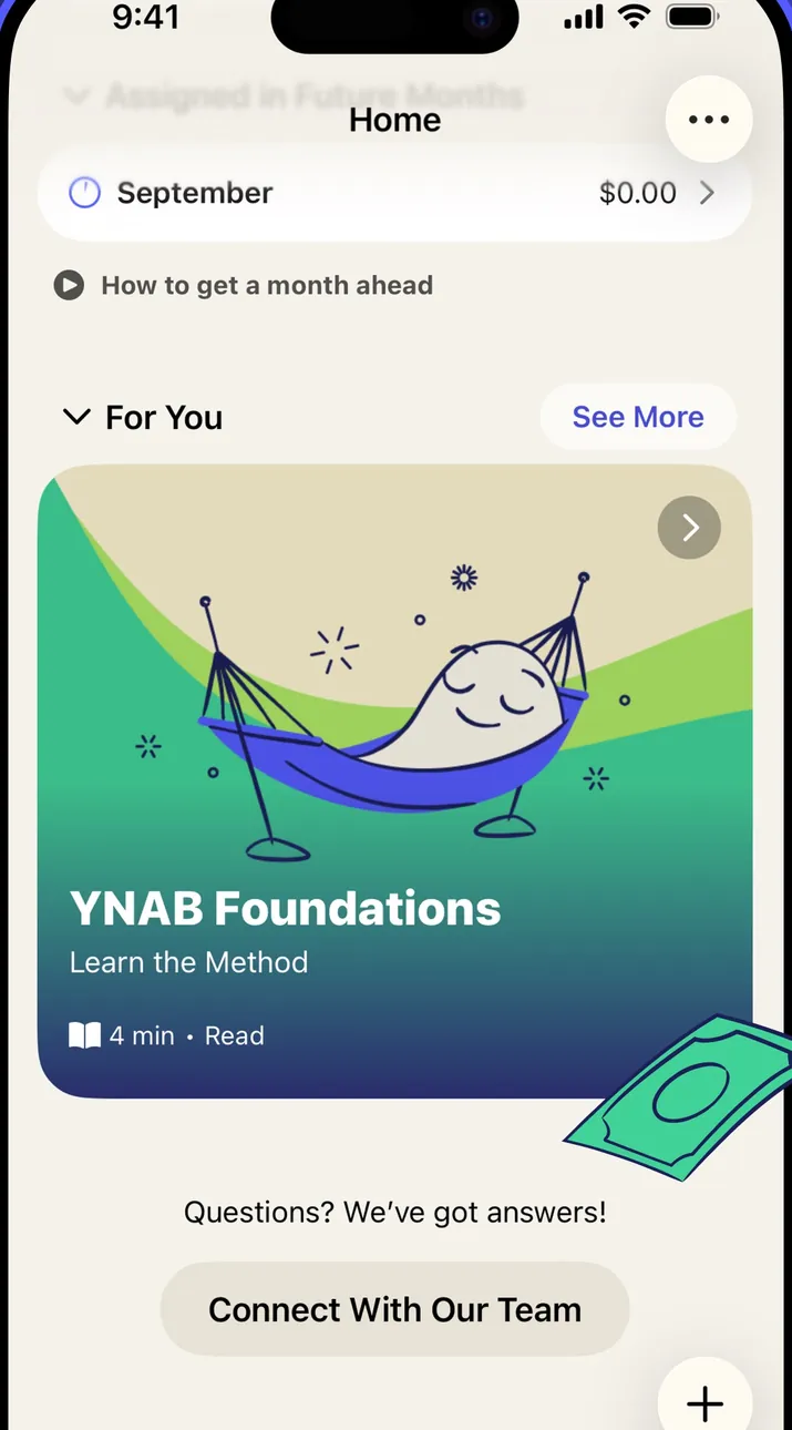 YNAB Home screen with a For You lesson card