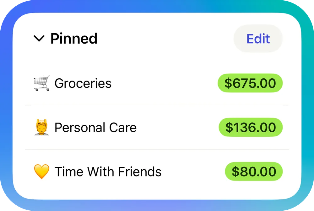 YNAB Pinned categories card