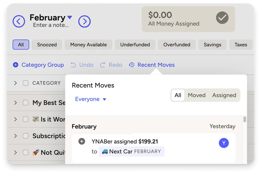 YNAB Recent Moves panel showing who moved money