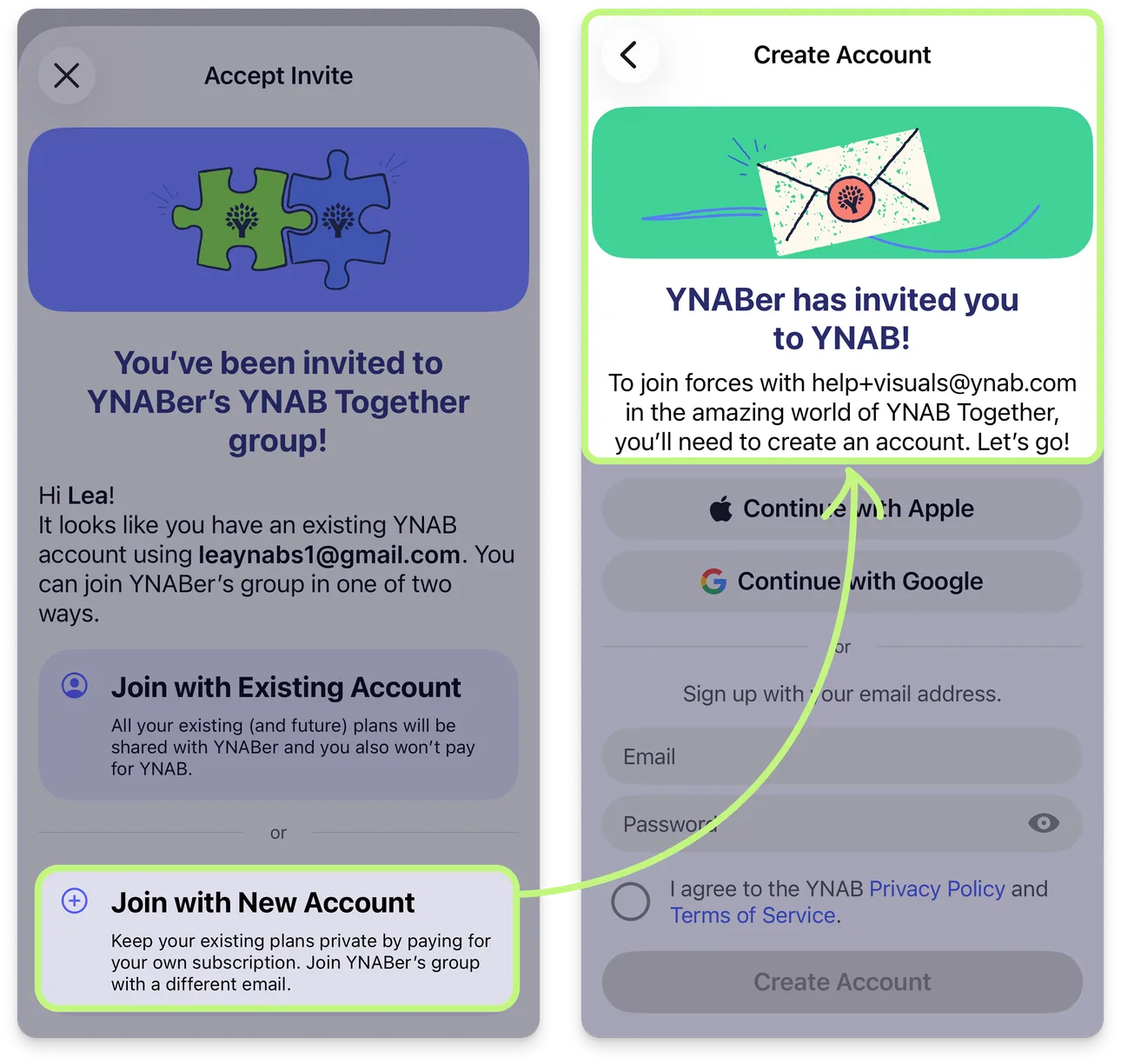 YNAB invite and Create Account screens for YNAB Together
