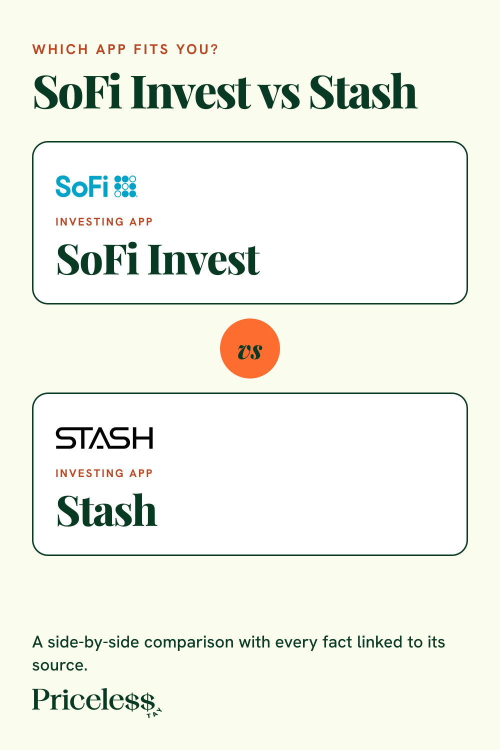 Pinterest pin for SoFi Invest vs Stash, a side-by-side app comparison from Priceless Tay.