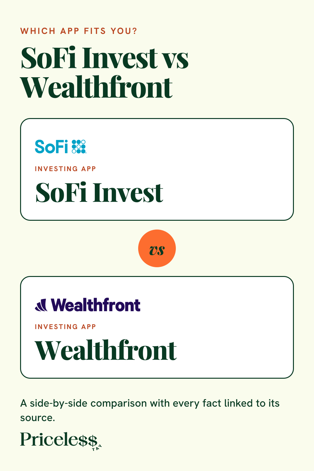 Pinterest pin for SoFi Invest vs Wealthfront, a side-by-side app comparison from Priceless Tay.