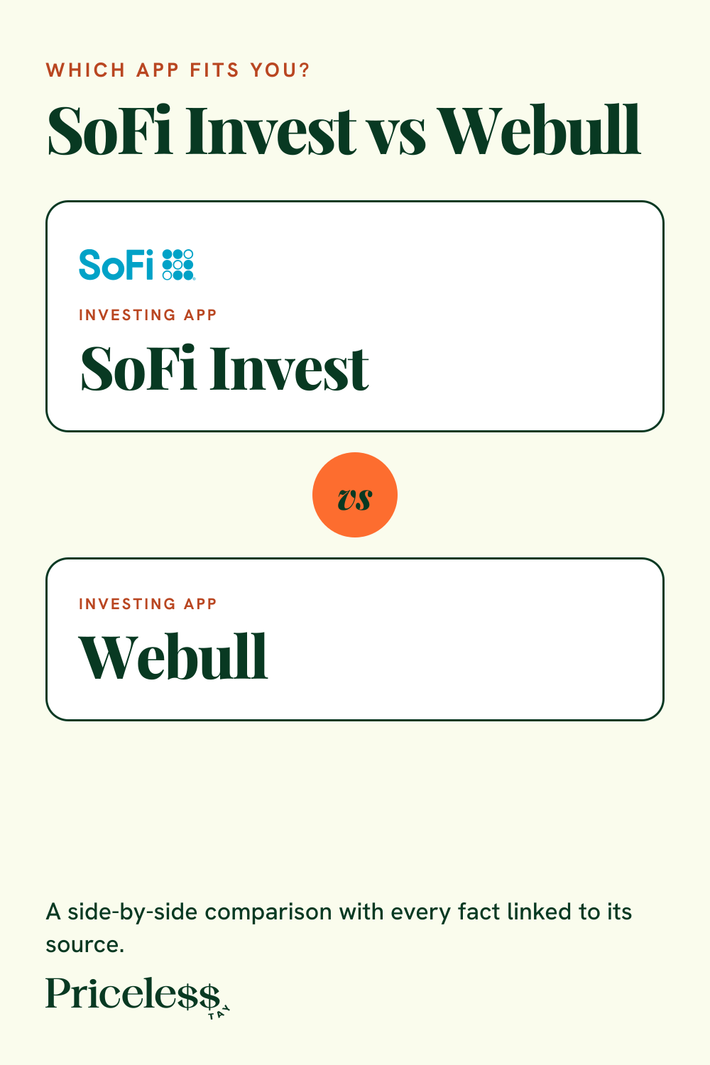 Pinterest pin for SoFi Invest vs Webull, a side-by-side app comparison from Priceless Tay.