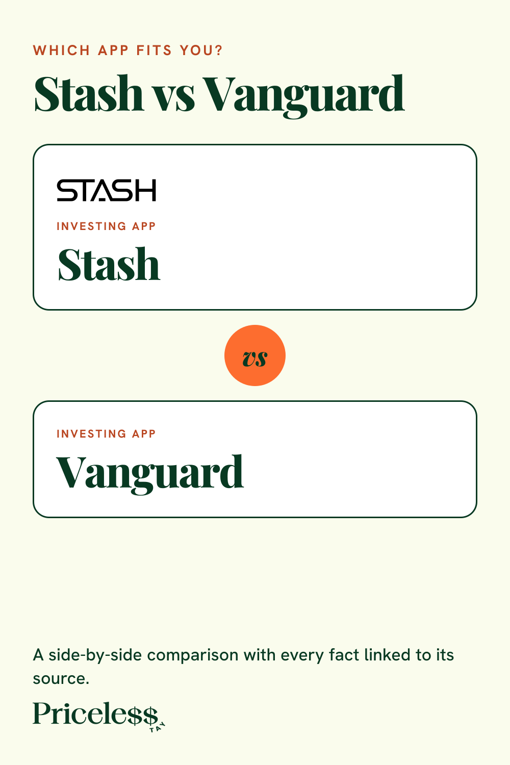 Pinterest pin for Stash vs Vanguard, a side-by-side app comparison from Priceless Tay.