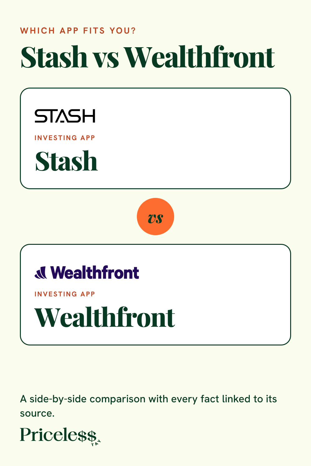 Pinterest pin for Stash vs Wealthfront, a side-by-side app comparison from Priceless Tay.