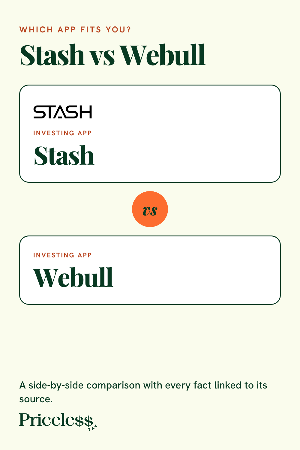 Pinterest pin for Stash vs Webull, a side-by-side app comparison from Priceless Tay.