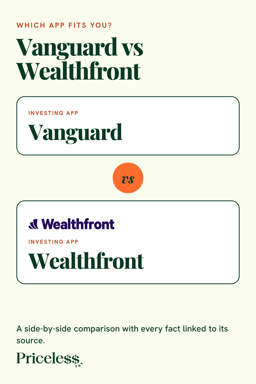 Pinterest pin for Vanguard vs Wealthfront, a side-by-side app comparison from Priceless Tay.