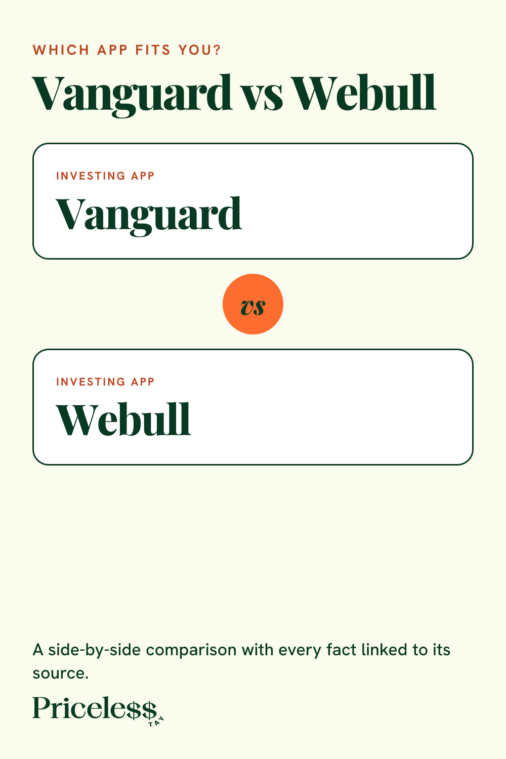 Pinterest pin for Vanguard vs Webull, a side-by-side app comparison from Priceless Tay.