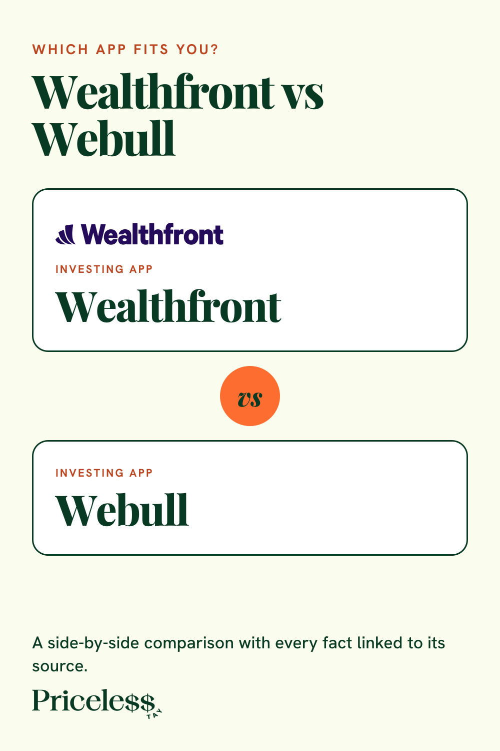 Pinterest pin for Wealthfront vs Webull, a side-by-side app comparison from Priceless Tay.