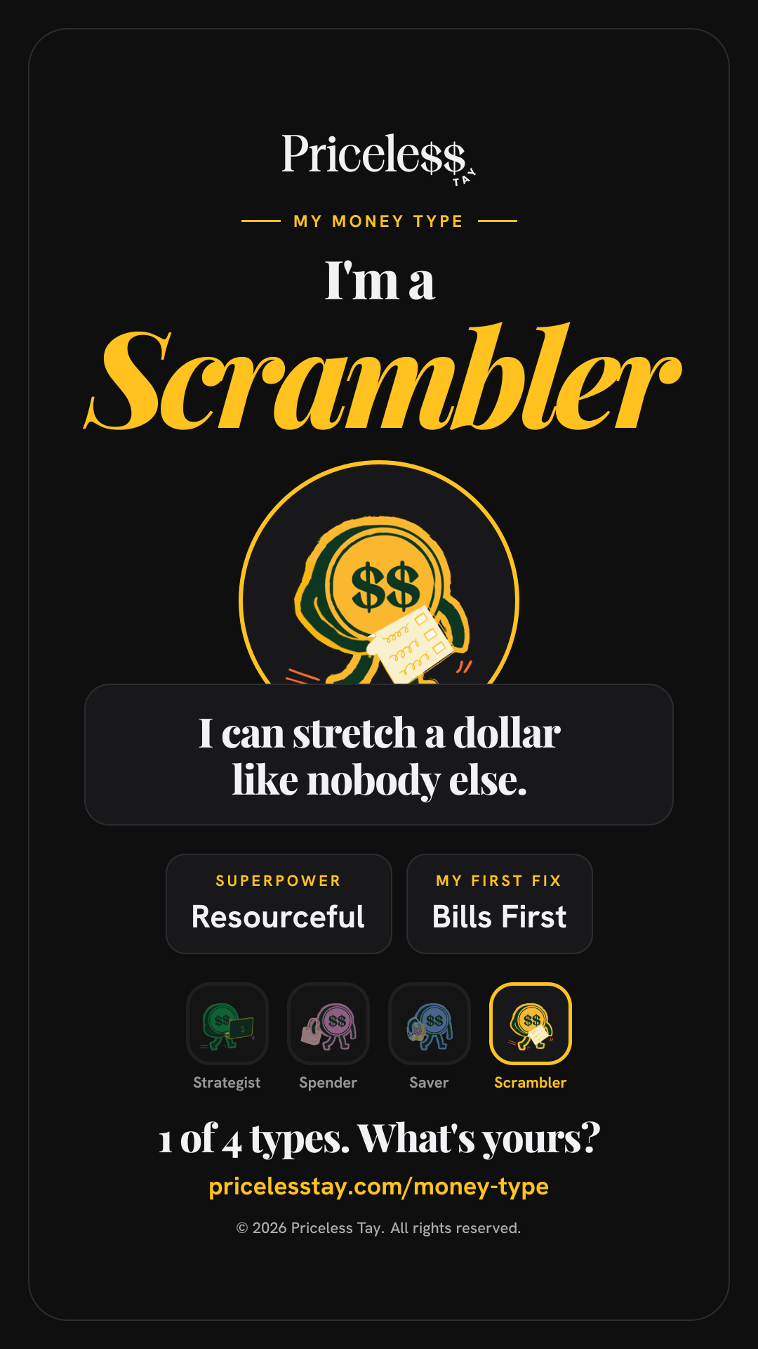 Share card: I'm a Scrambler. I can stretch a dollar like nobody else. Superpower: Resourceful. My first fix: Bills First. 1 of 4 types. What's yours?