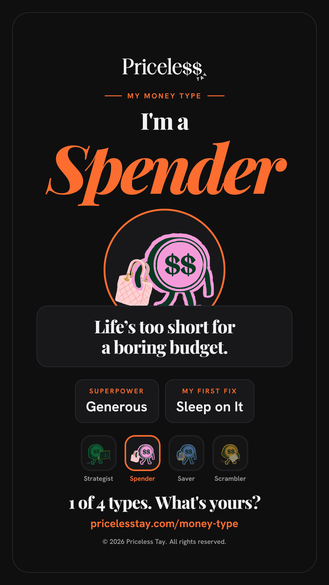 Share card: I'm a Spender. Life’s too short for a boring budget. Superpower: Generous. My first fix: Sleep on It. 1 of 4 types. What's yours?