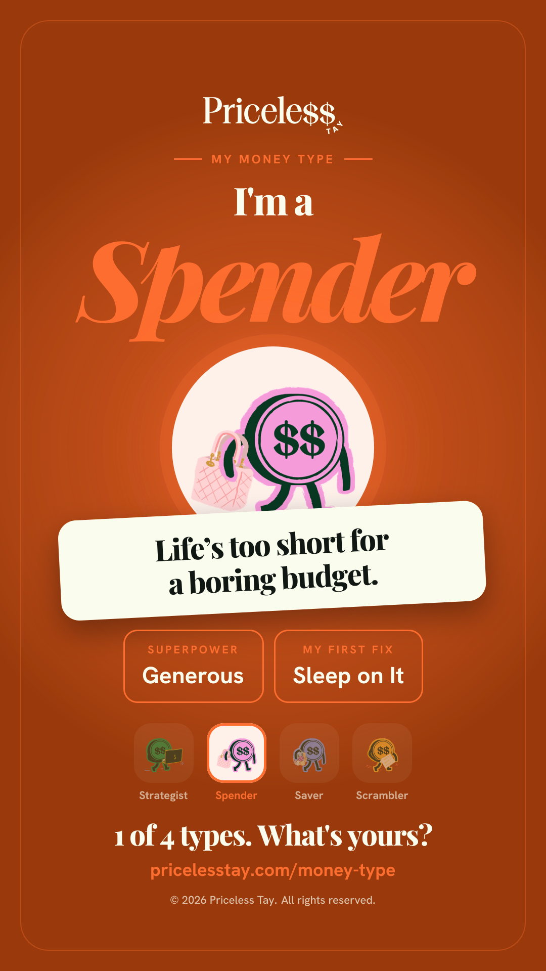 Share card: I'm a Spender. Life’s too short for a boring budget. Superpower: Generous. My first fix: Sleep on It. 1 of 4 types. What's yours?