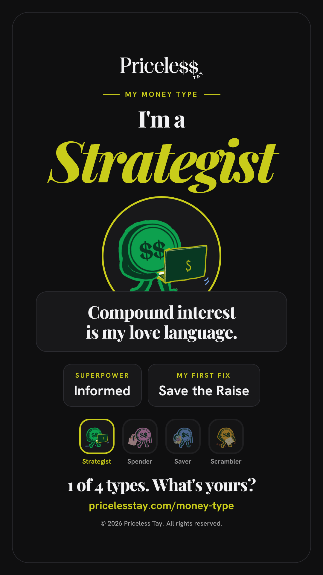 Share card: I'm a Strategist. Compound interest is my love language. Superpower: Informed. My first fix: Save the Raise. 1 of 4 types. What's yours?